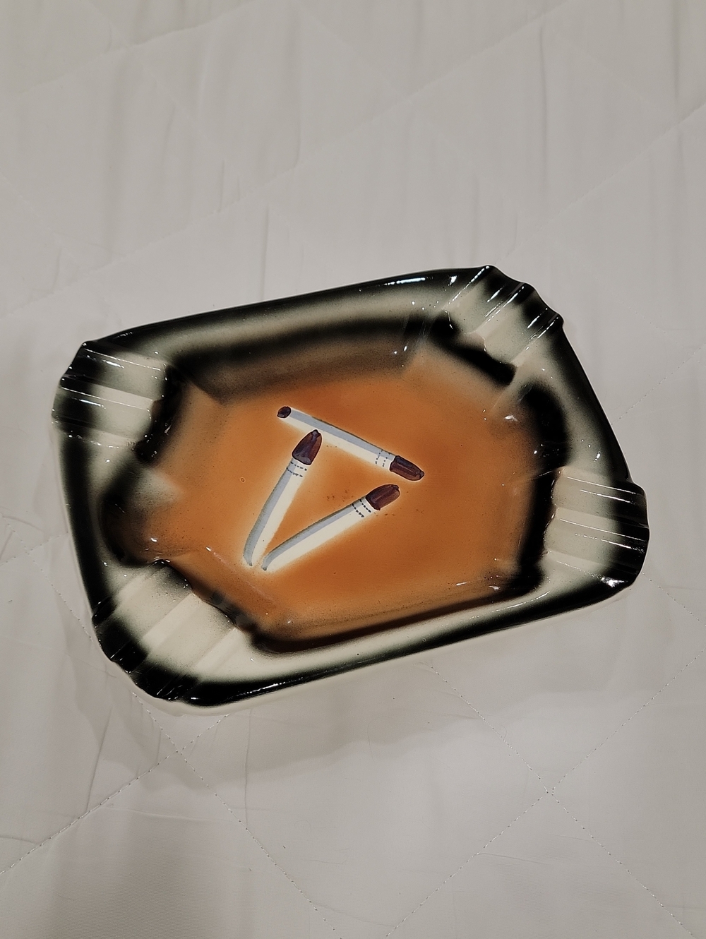 Retro Ceramic Ashtray in Amber and Black